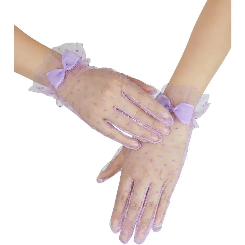Women's Purple Short Polka Dot Lace Bow Mesh Party Wedding Bridal Gloves Prom